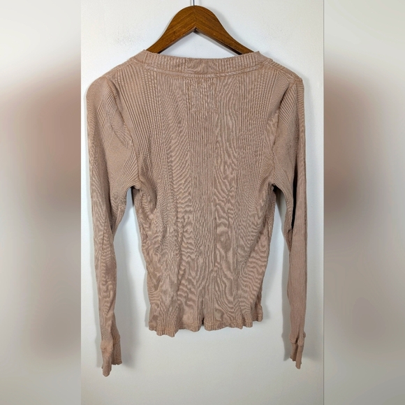 Aerie Tan Cotton Ribbed Henley Long Sleeve Tee Shirt - Picture 4 of 6